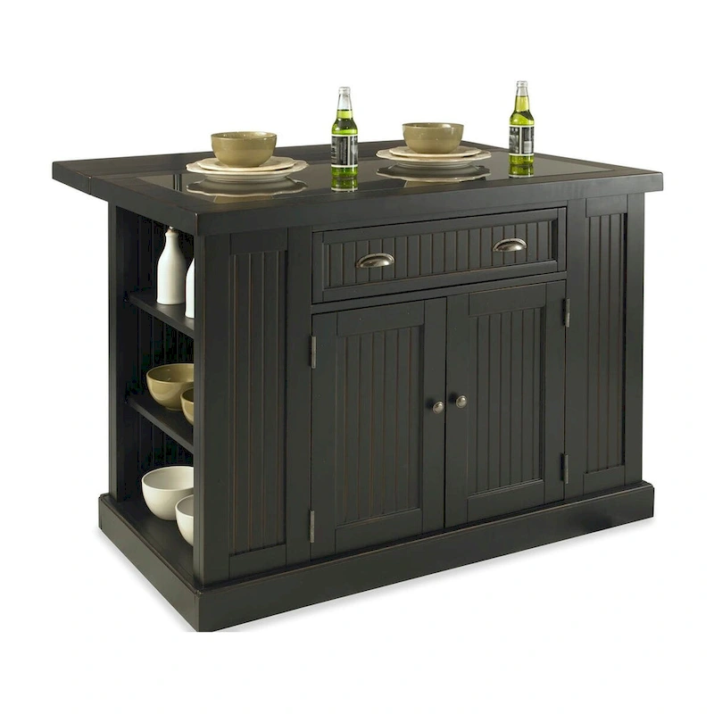 Nantucket Black Wood and Granite Inlay Kitchen Island