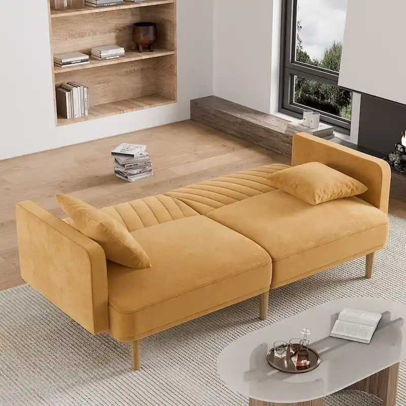 Upholstered Tufted Convertible Futon Sofa Bed, Velvet Sleeper Couch, 3 Seater Tufted Sofa with Adjustable Backrests