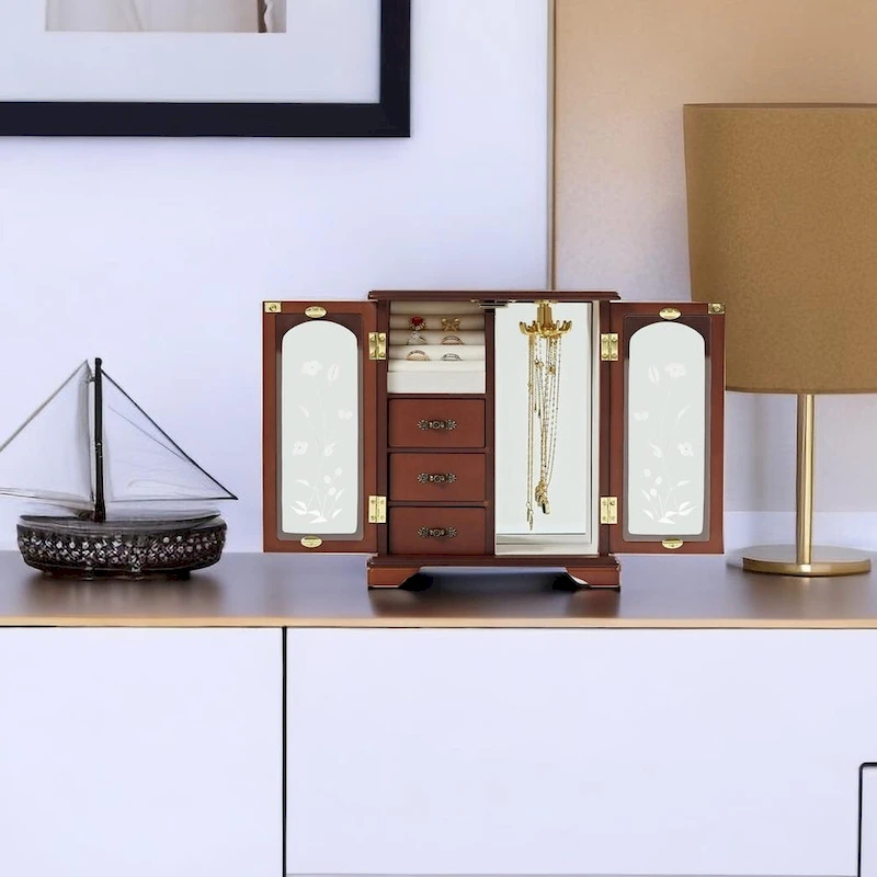 NAT Solid Wooden Jewelry Box with 3-Drawers Built-in Necklace Carousel and Mirror brown - 10*5.2*11.7in