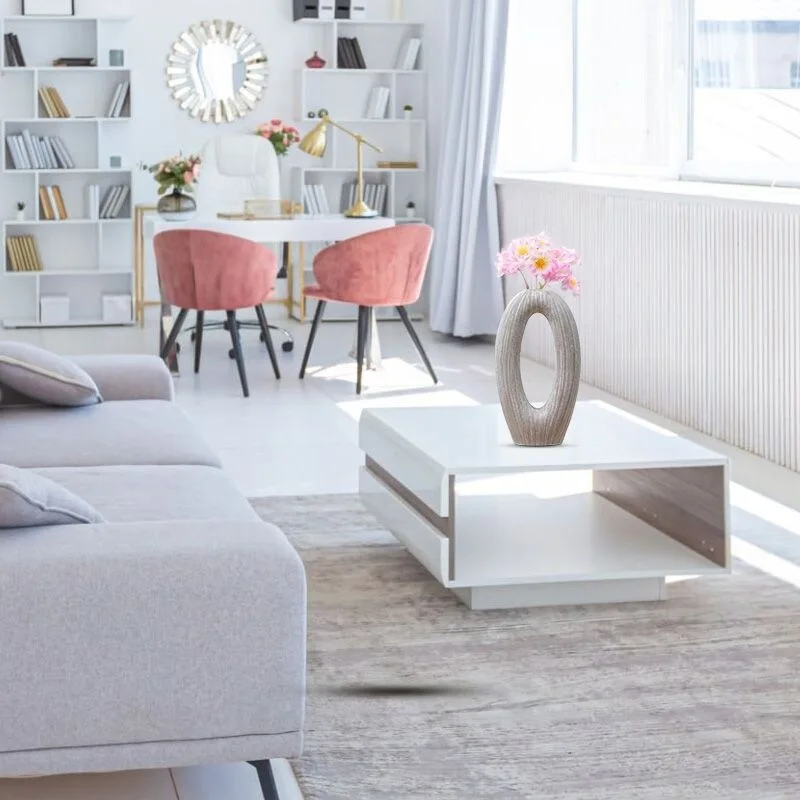 O Shaped Needley White Striped Textured Polyresin Vase