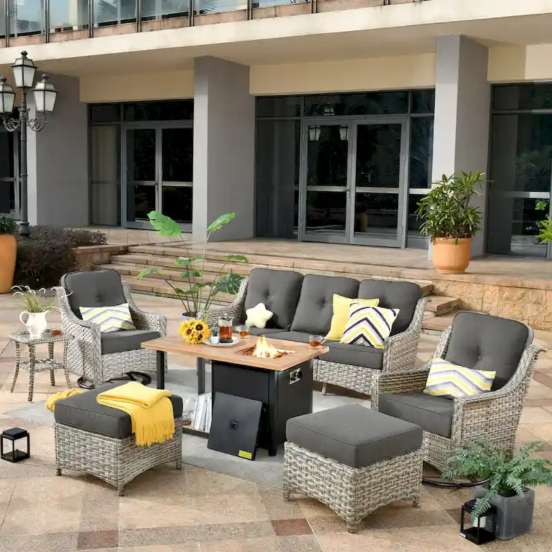 OVIOS 7 Pieces Outdoor Wicker Curved Swivel Chair Set With Fire Table
