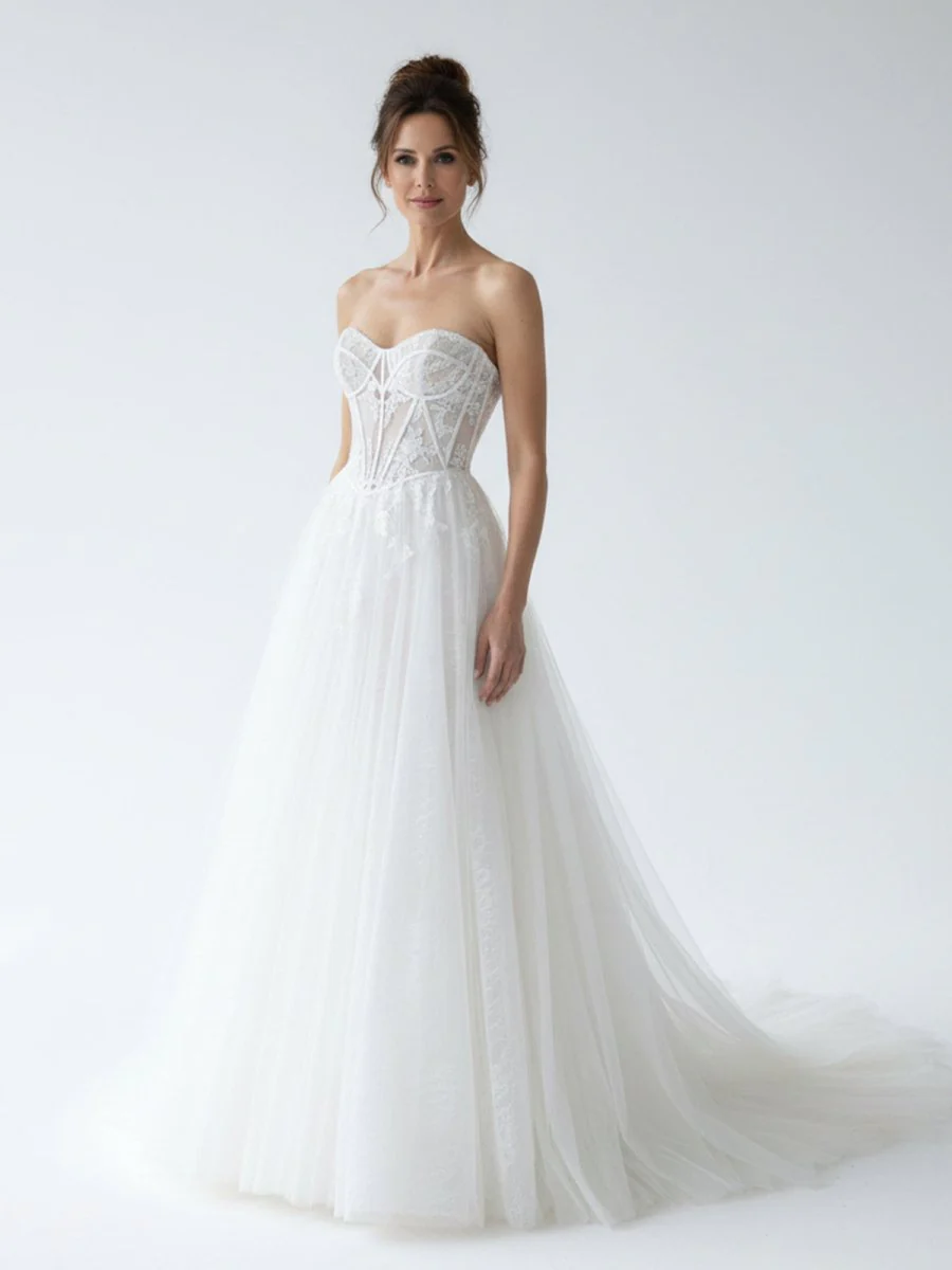 Charming A-Line Strapless Tulle Lace Wedding Dresses