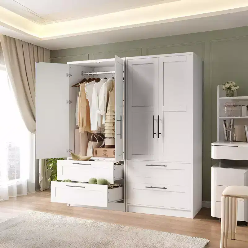GustoWave Wooden Armoire Wardrobe with 2 Drawers, Freestanding Closet Cabinet with Shelves, White Storage for Bedroom