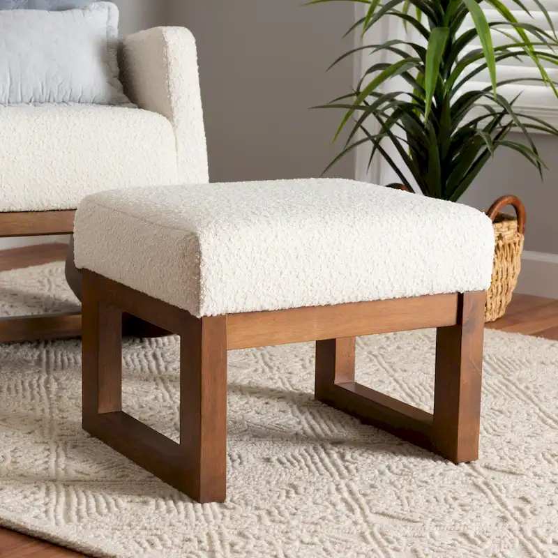 Yashiya Mid-Century Modern Off-White Boucle Upholstered and Walnut Brown Finished Wood Ottoman Footstool