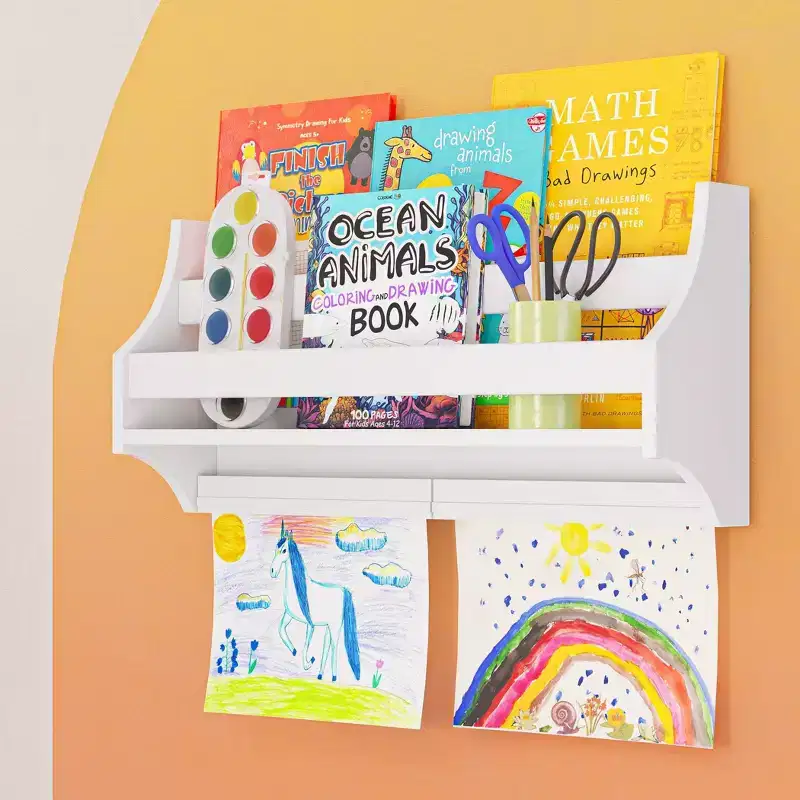 RiverRidge Home Wall Mount Bookshelf with 2 Kids' Art Display Bars