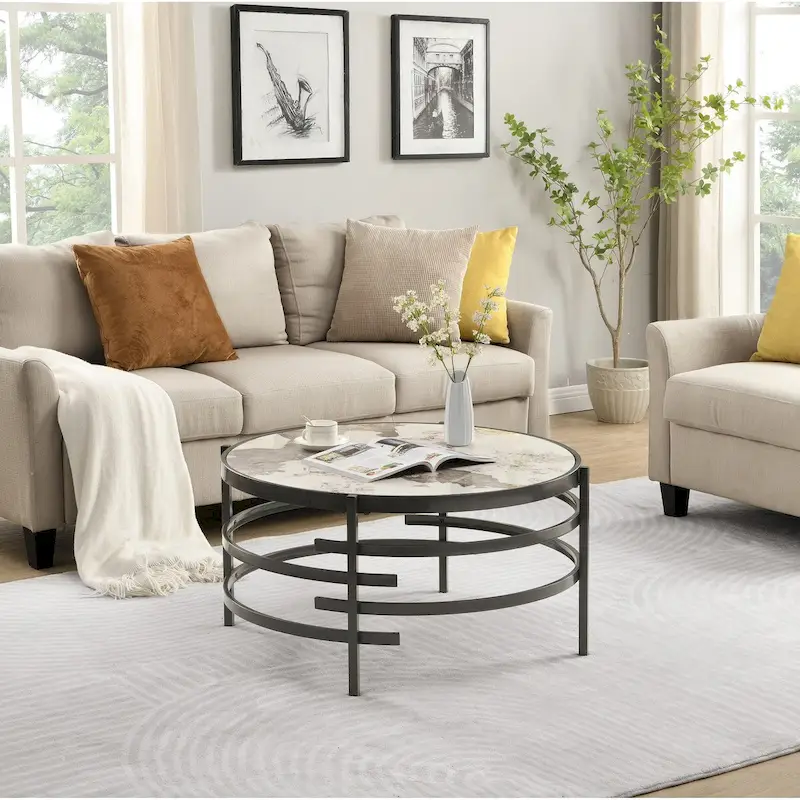 32.48 Round Coffee Table With Sintered Stone Top & Sturdy Metal Frame, Modern Coffee Table for Living Room