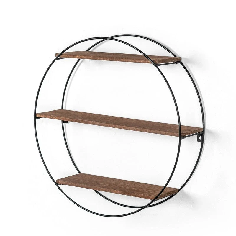 Black Hexagonal Floating Wall Shelf with 3 Wood Tiers