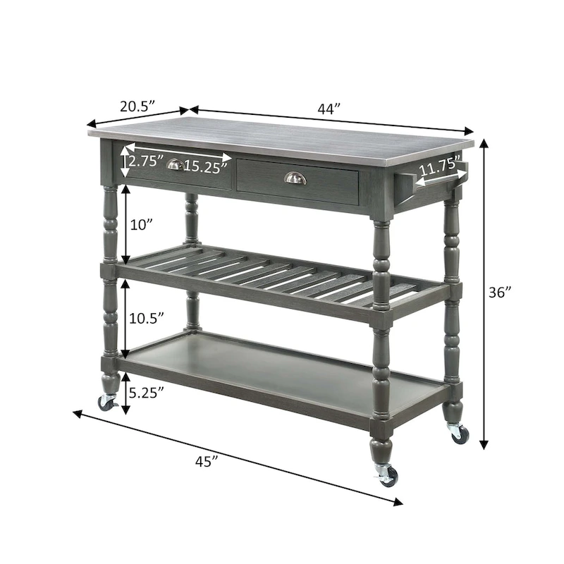 Convenience Concepts French Country 3 Tier Stainless Steel Kitchen Cart with Drawers