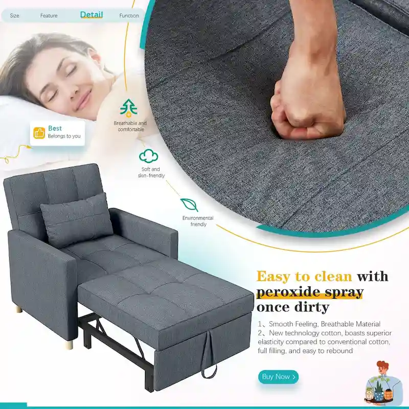 AECOJOY 3 in 1 Sleeper Sofa Chair w/ Pillow &Convertible Backrest
