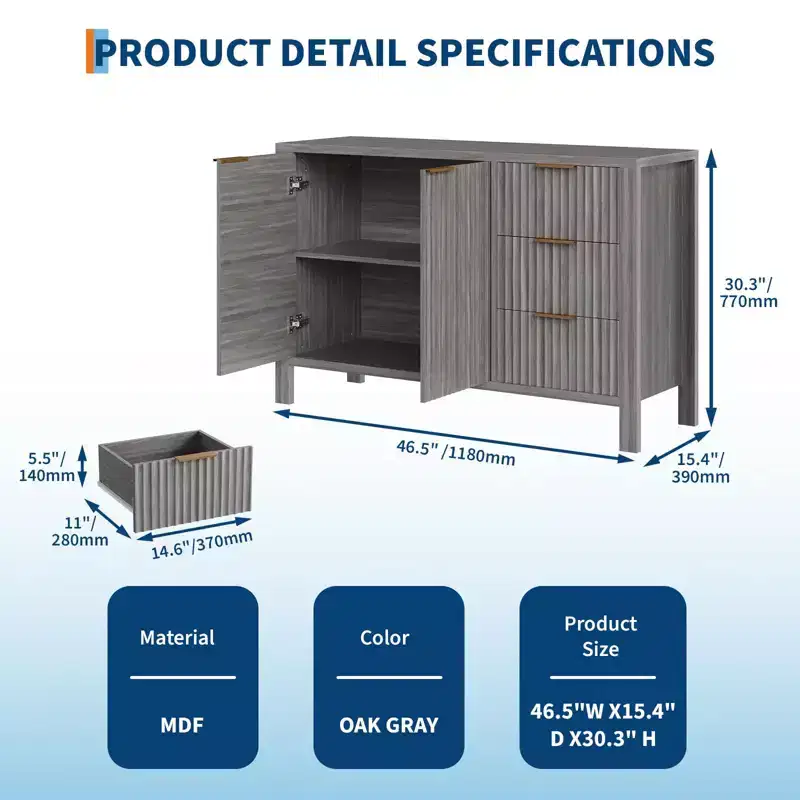 46.5 Modern Fluted Kitchen Sideboard Cabinet with 2 Doors & Drawers C Grey Buffet Storage Cabinet for Dining Room, Living Room & Kitchen