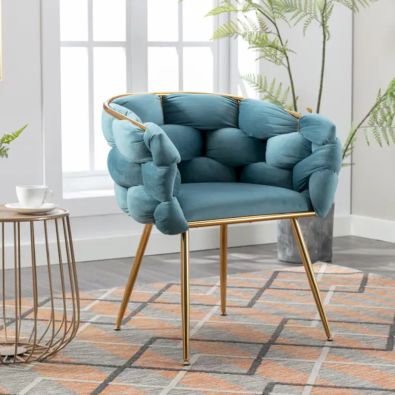 Blue Velvet Accent Chair with Gold Metal Legs – Modern Style, Seats 1