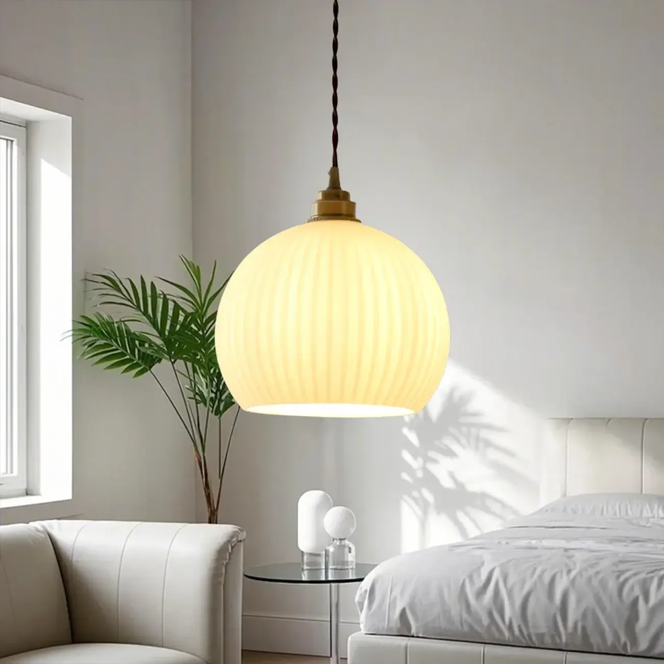 Minimalist White Glass Lantern LED Pendant Lamp for Living Room