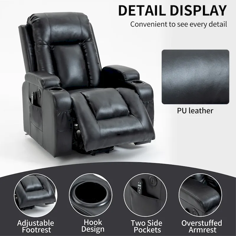 Power Lift Recliner with Massage, Heat and Cup Holders – Black / Brown, Single