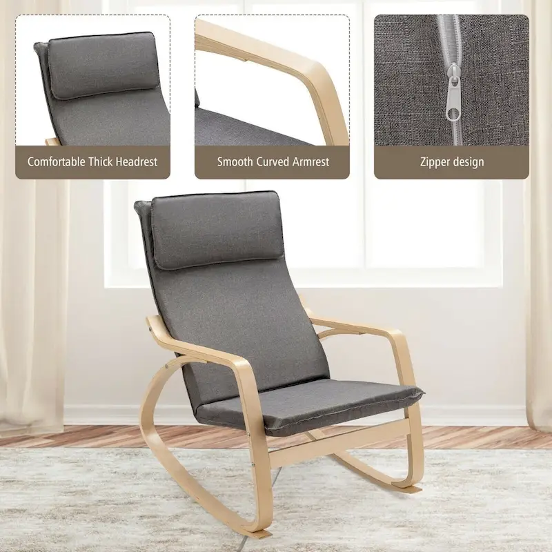 Modern Bentwood Rocking Chair Fabric Upholstered Relax Rocker Lounge Chair