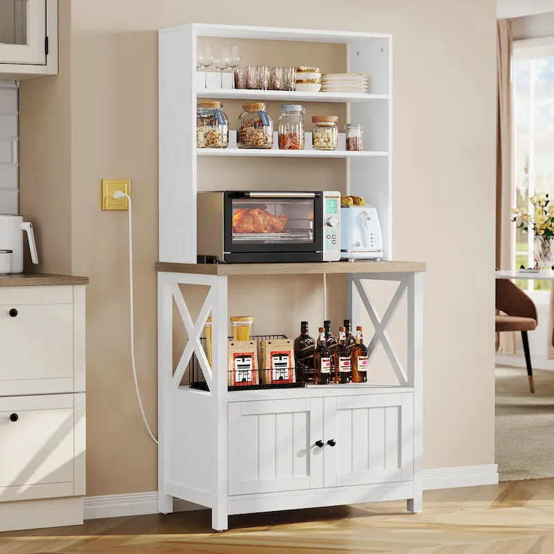 White / Oak 5-Tier Baker's Rack with Cabinet, Power Outlets & USB – 1-Person Assembly