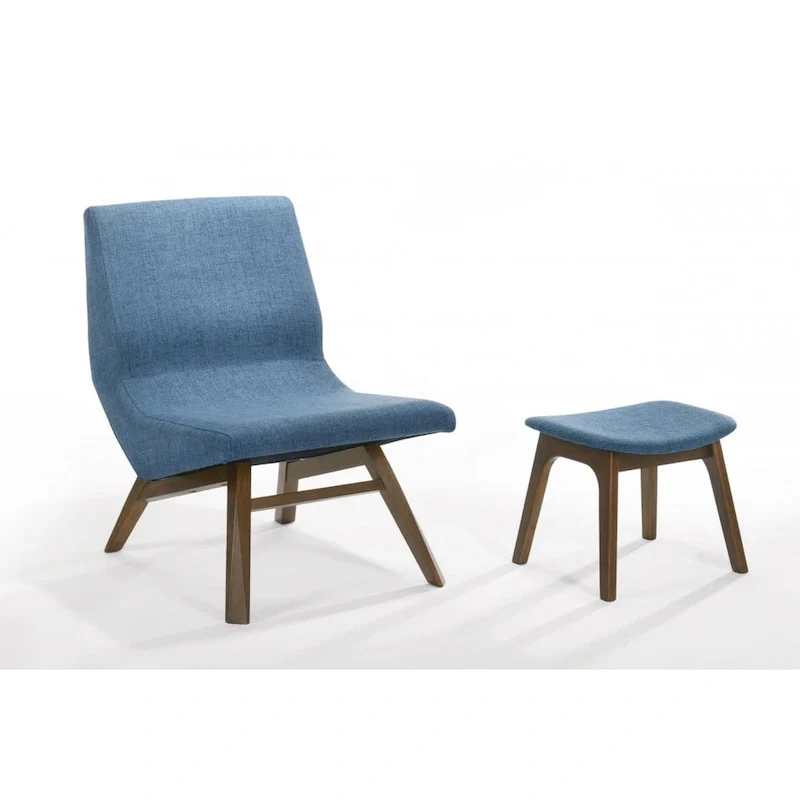 Modern Blue & Walnut Accent Chair & Ottoman