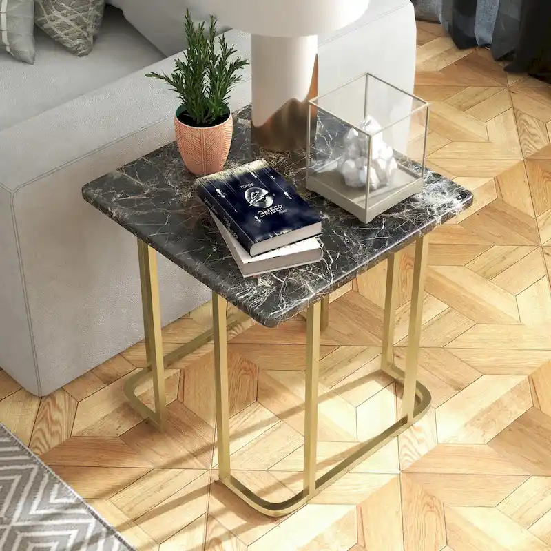 Square Faux Marble Side Table with Metal Base