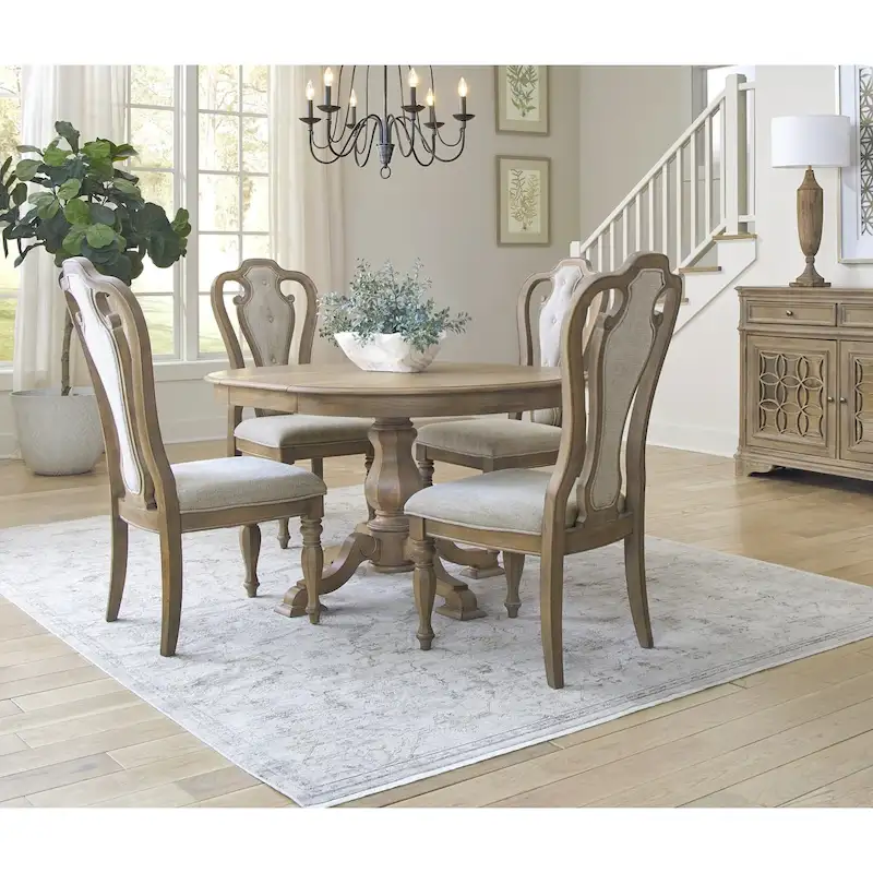 White Pedestal Dining Table with 4 Upholstered Chairs