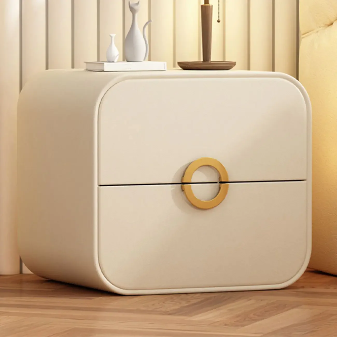 Modern Faux Leather Gold Ring Handle Nightstand with 2 Drawers