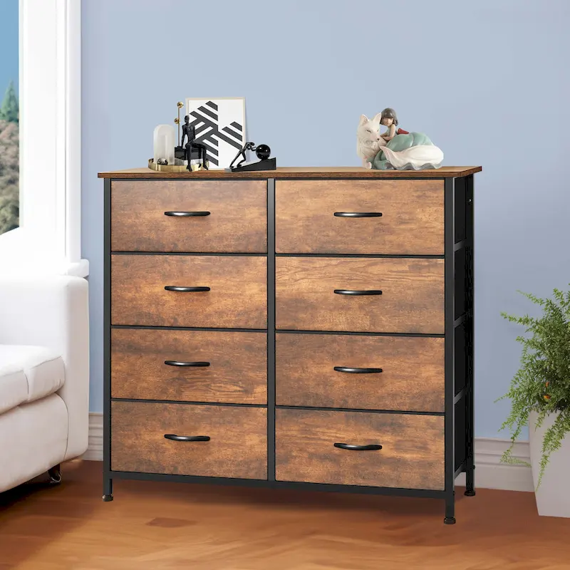 Moasis Rustic Wood-grain Badroom Dresser with Metal Frame, Wooden Top