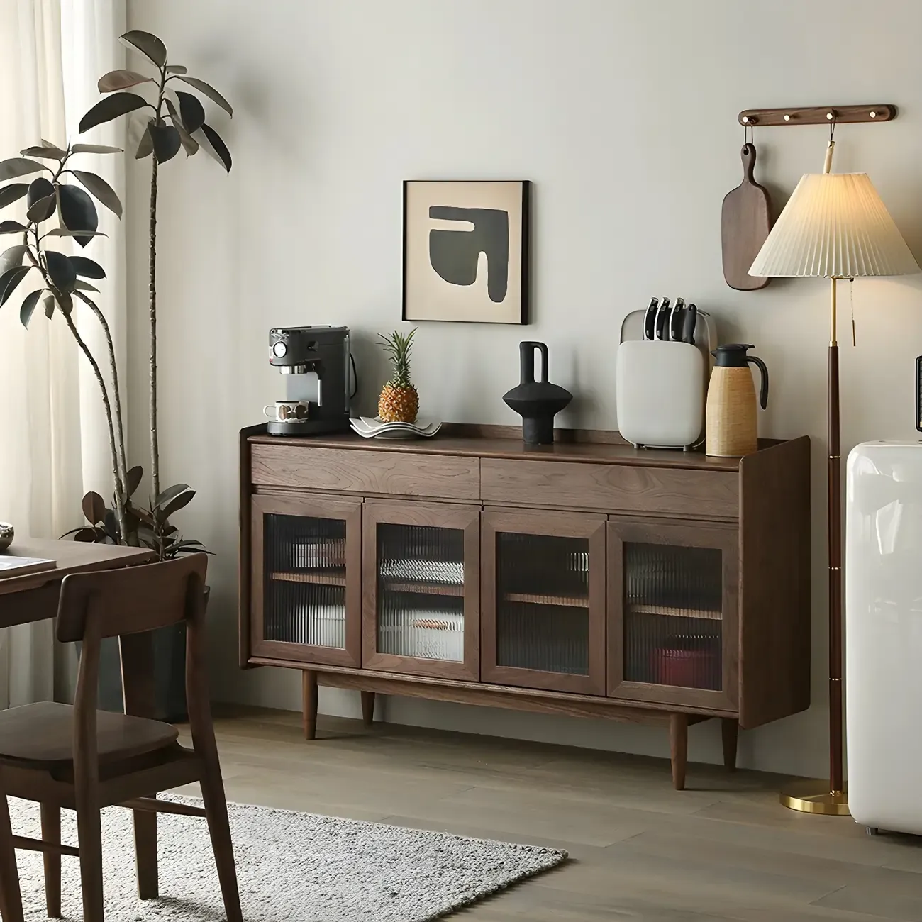 Modern Dark Brown Pine Wood Sideboard with Drawers