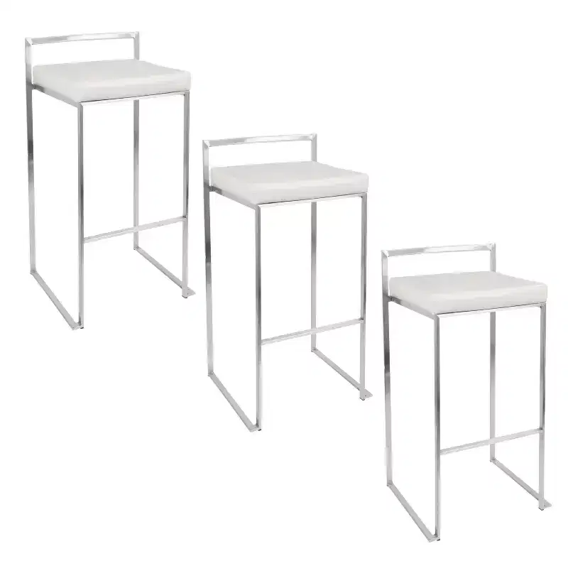 LumiSource Set of 3 Fuji Stacker Barstools Stainless Steel/White PU
