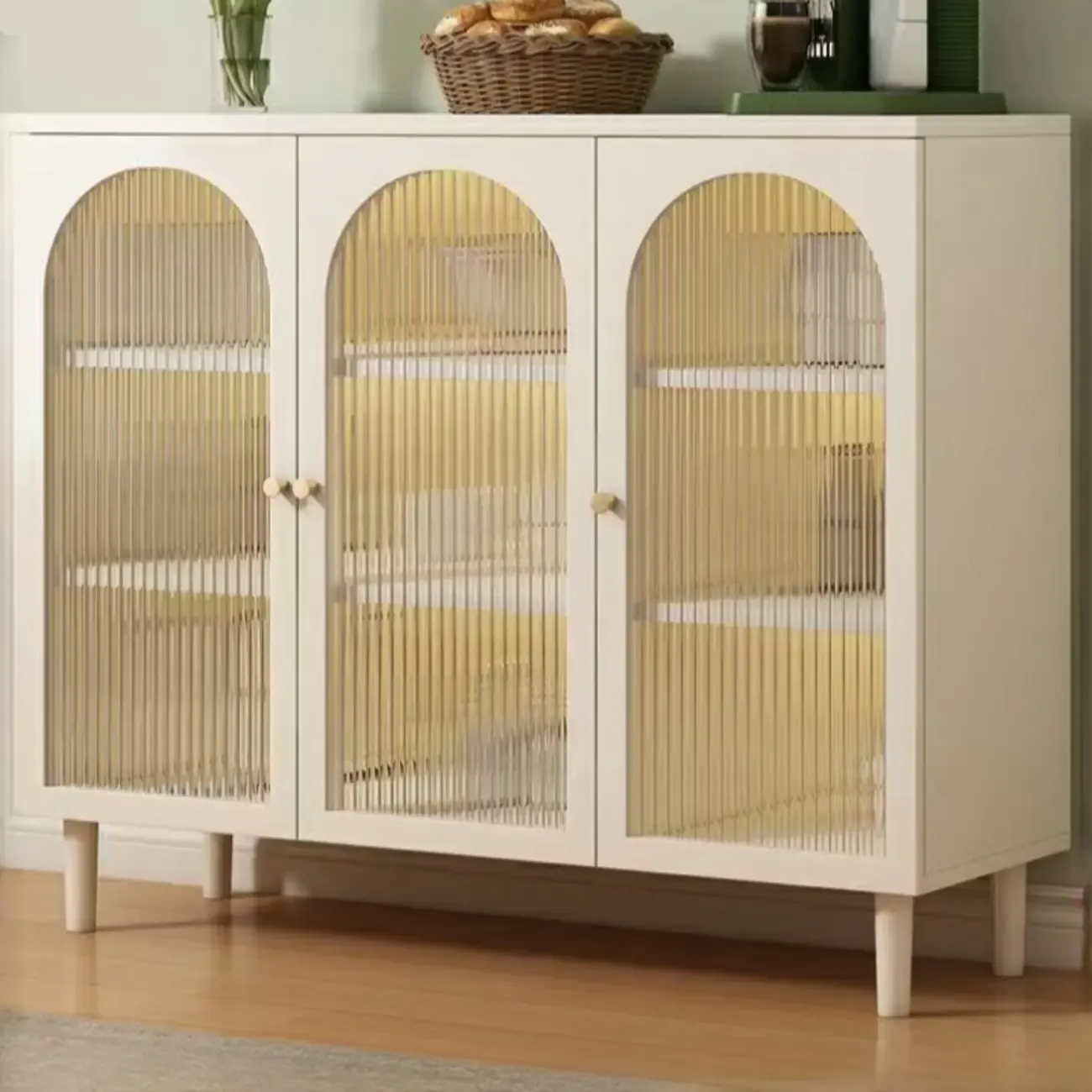 Minimalist Off-White Arched Glass Kitchen Sideboard Cabinet