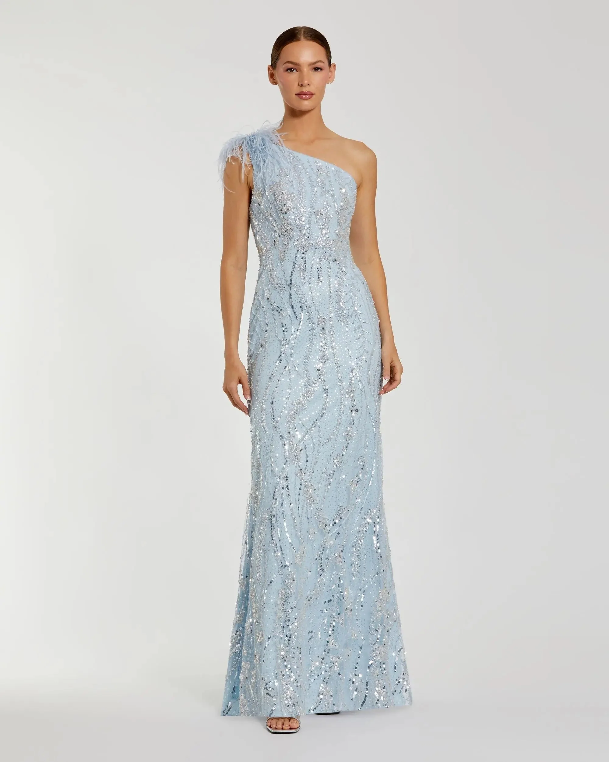 Blue Feathered One Shoulder Embellished Applique Gown