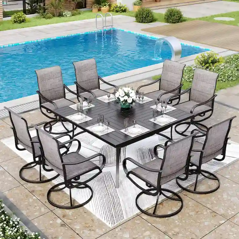 MAISON ARTS 9 Pieces Patio Dining Set, 60 Inch Square Metal Table and Sling Dining Chairs