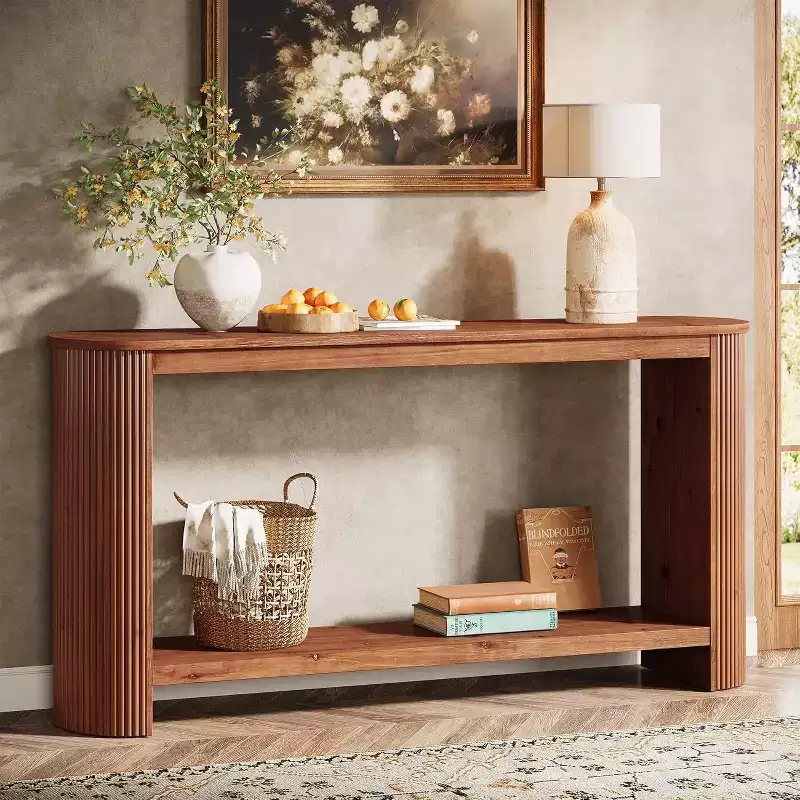 Lantine 63 Long Solid Wood Console Table, Farmhouse 2-Tier Narrow Sofa Entryway Table for Living Room, Hallway, Easy Assembly