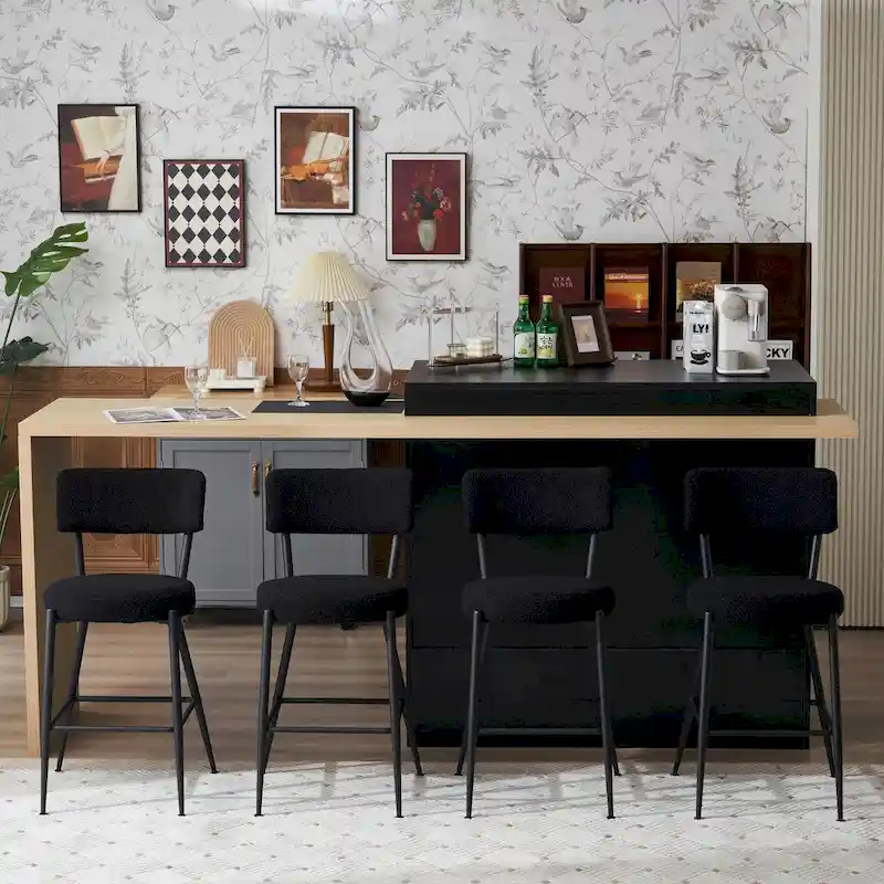 Beige/Black/Gold Bar Stools, Teddy Fabric, Metal Base, Set of 4