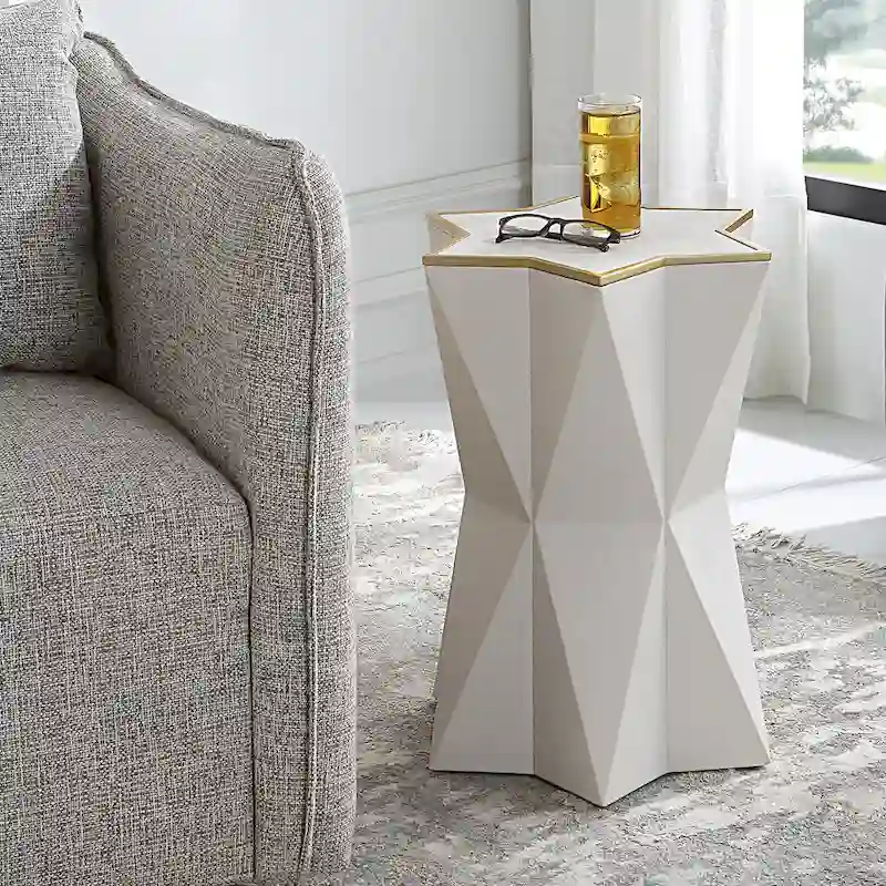 Star-Shaped Accent Table with Faux Shagreen Wrap & Gold Trim – White / Gold, 1-Person Use