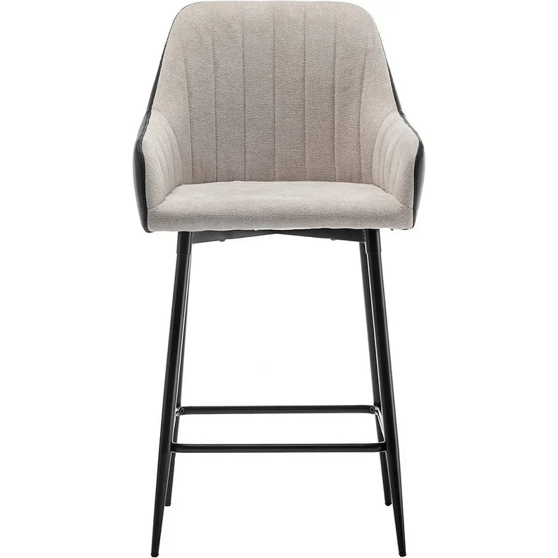 Tall Counter Height Bar Stools, 25, Mid-Back Upholstered Fabric Accent , PU Black Back, Beige Fabric, Set Of 2