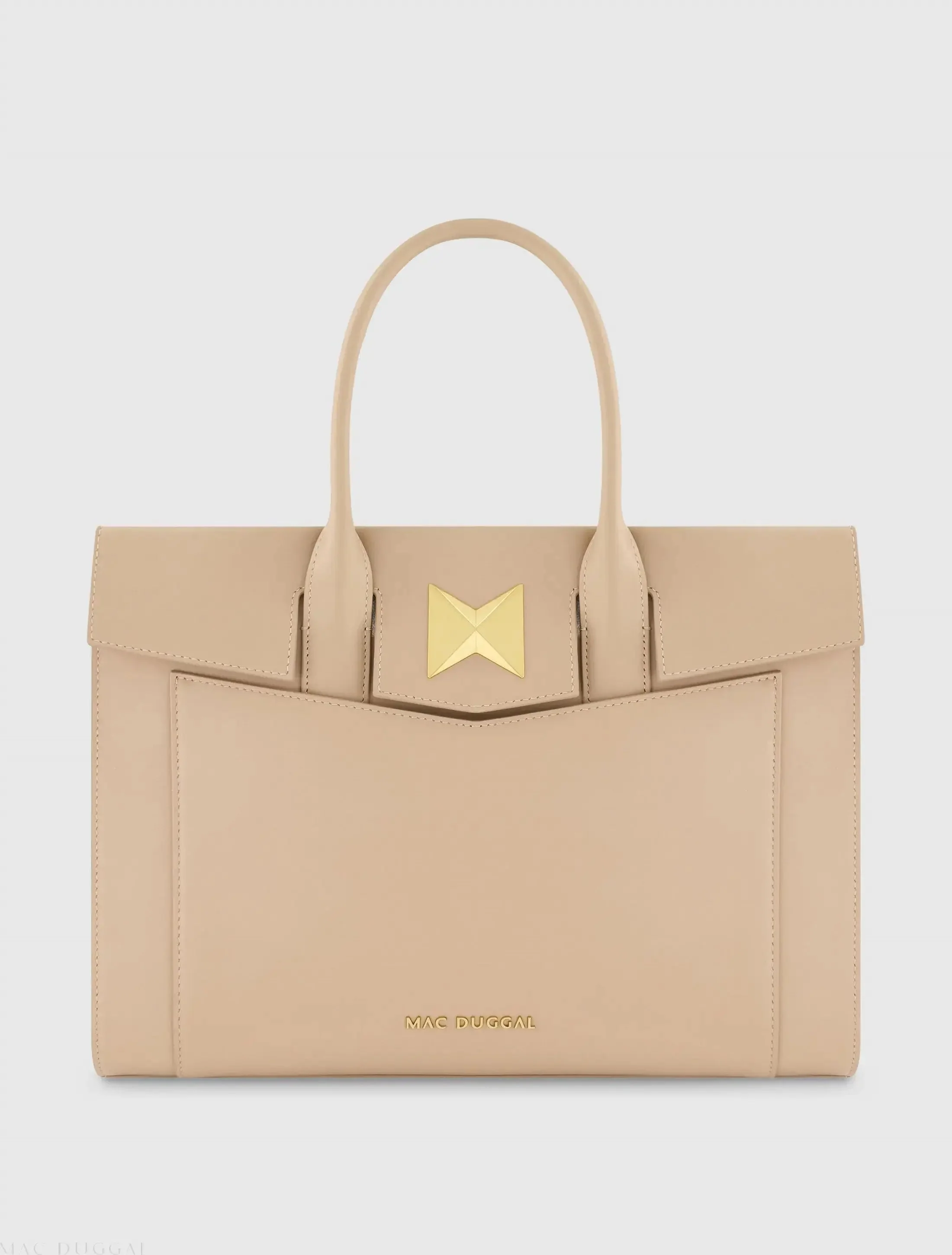 Beige Large Leather Briefcase Bag With Gold Hardware