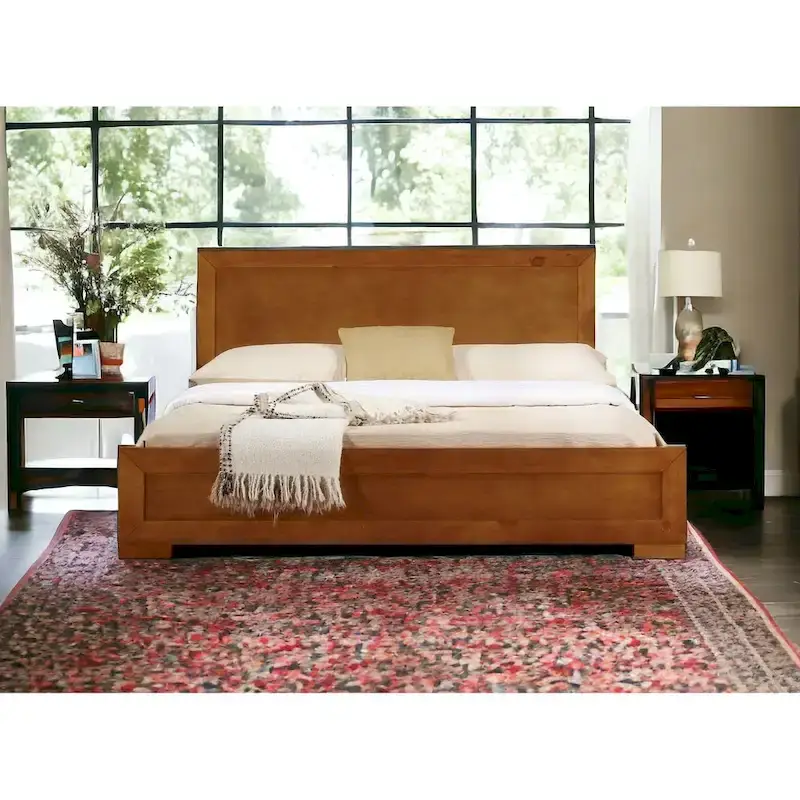 Oak Wood Queen Bed Frame with Headboard, Traditional Style, 2-Person