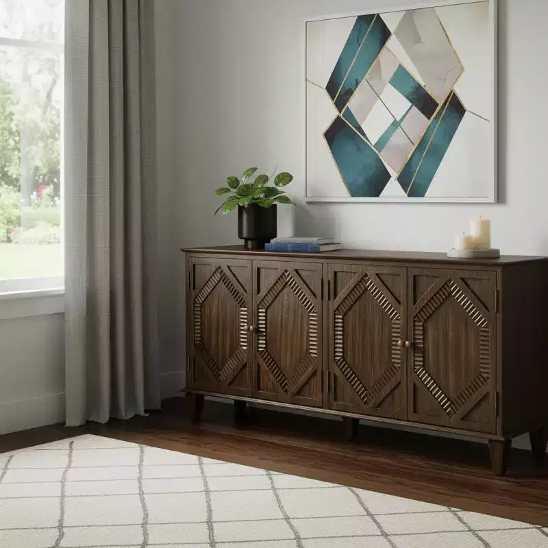 HomeRoots 66 Brown Wood Carved Geometric Accent Cabinet With Four Doors