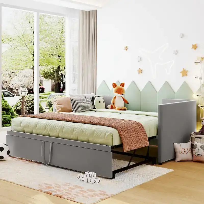 Twin Size Upholstered Daybed with Pop-Up Trundle – Gray