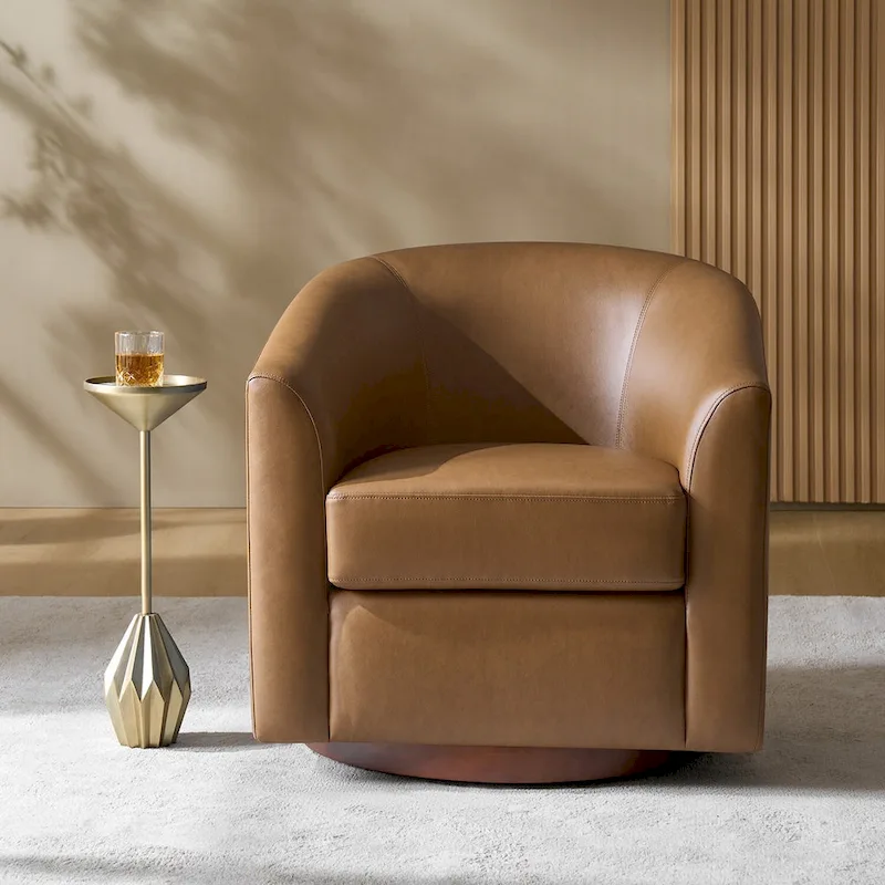 Haley Modern Swivel Barrel Faux Leather Chair with Solid Wood Base by
