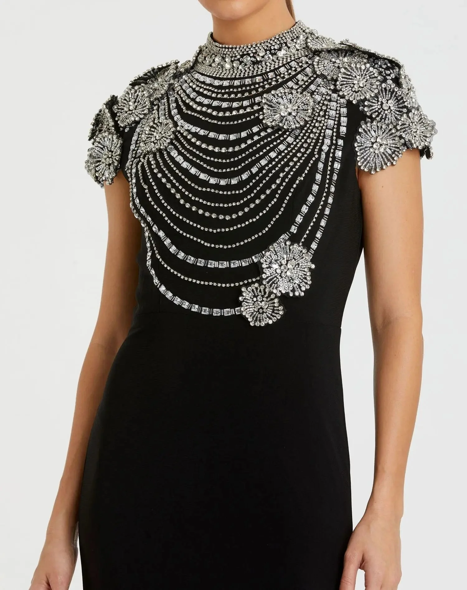 Black High Neck Embellished Column Gown