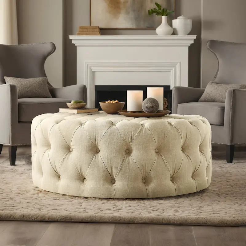 Grey / Dark Grey / Beige Velvet & Linen Round Button-Tufted Ottoman with 5 Caster Wheels, 1-Person