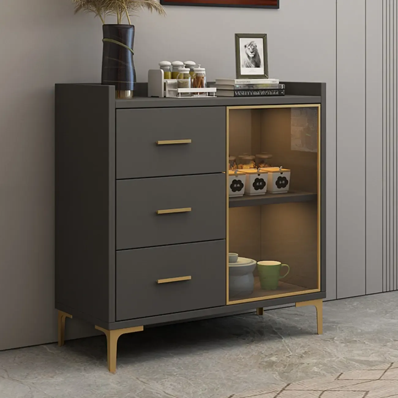 Trendy 6 Drawers White/Black Kitchen Cabinets with Metal Foot