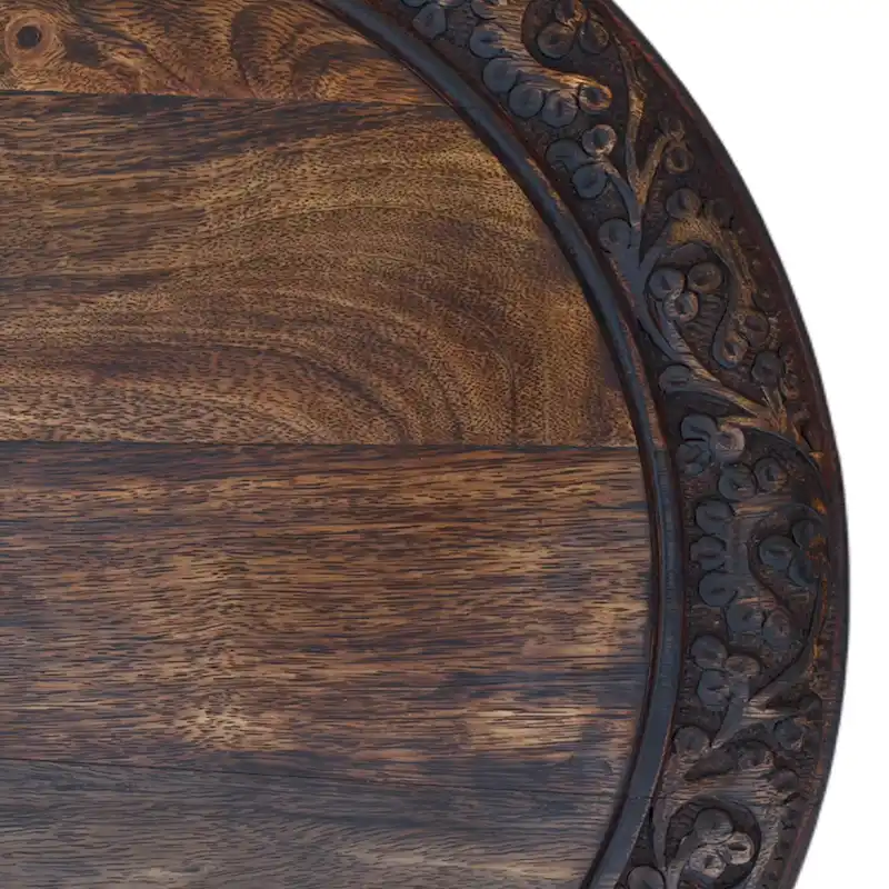 18 Inch Mango Wood Folding Accent Table, Hand Carved, Walnut Brown