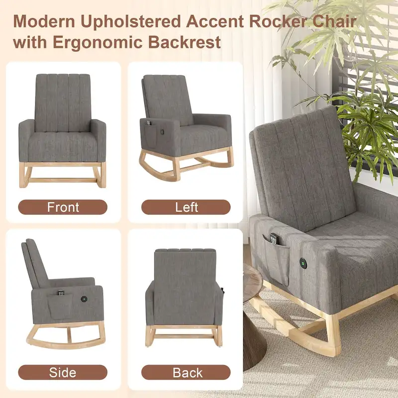 Gray Teddy Velvet Adjustable Rocking Chair with Footrest