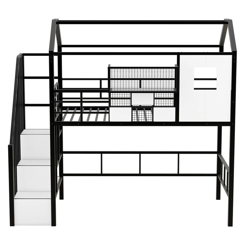 Metal Loft Bed with roof design and a storage box, Twin