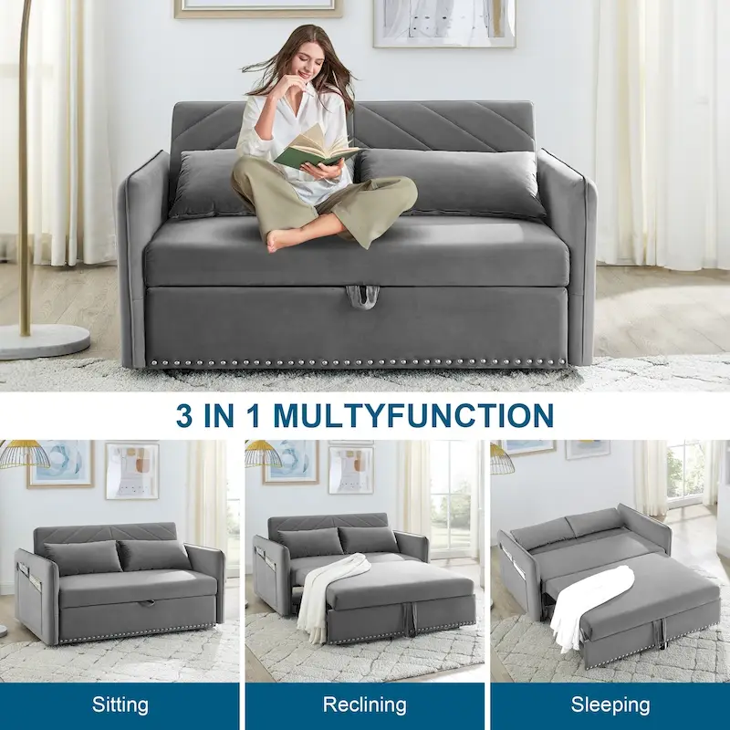 Aukfa 3 in 1 Convertible Sofa Bed Velvet Loveseat Sleeper