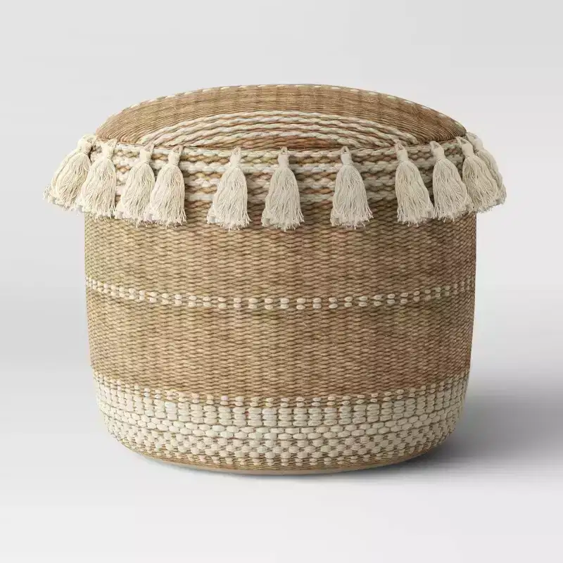Gemma Pouf Jute Striped/Tassels Natural - Opalhouse™: Bohemian Style, Upholstered Round Ottoman with Polystyrene Beads