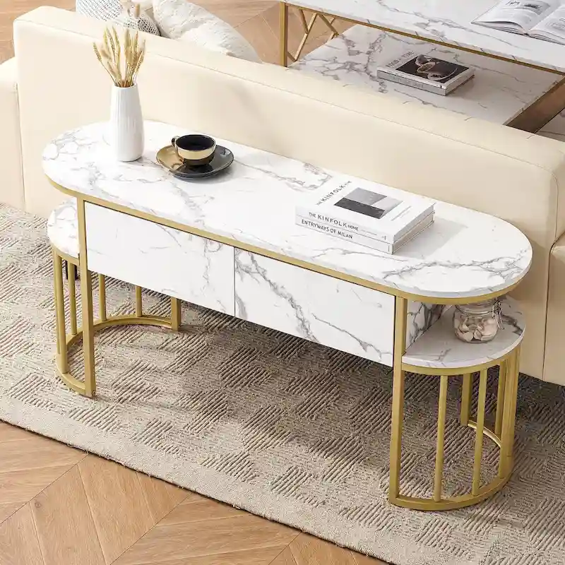 White Faux Marble Console Table with Gold Metal Frame