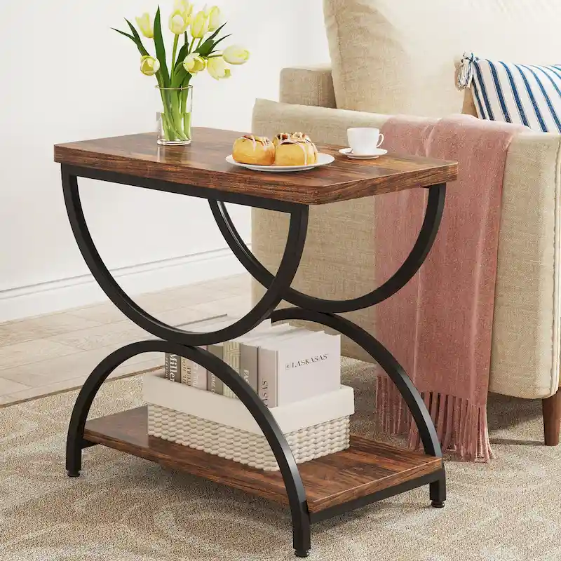 2-Tier Rectangular Wood Metal End Side Chairside Table