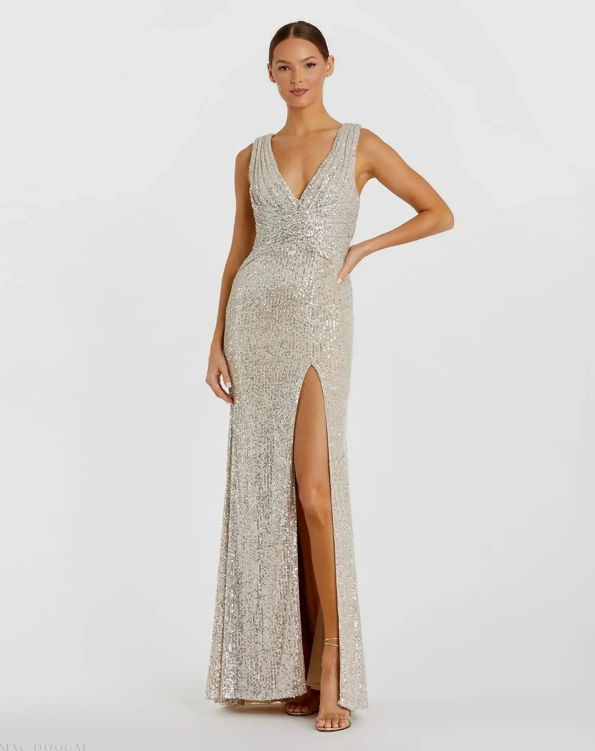 V-Neck Sequin Wrap Waist Gown