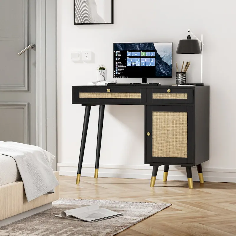 Black Computer Desk with Rattan Drawers and Gold Handles